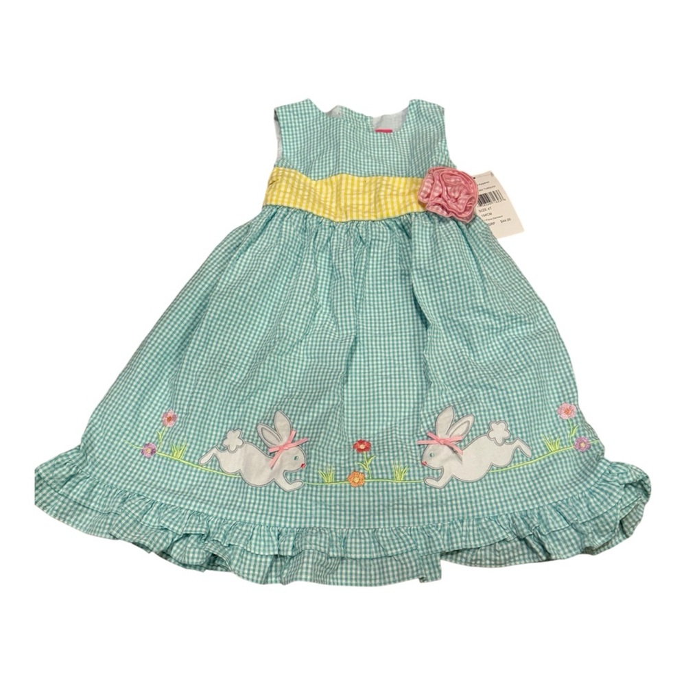 Good Lad Green Checkered Dress with Bunny and Floral Embroidery